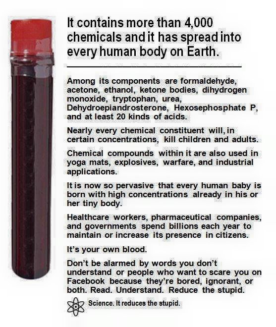 A vial of dark red blood with a red cap beside a block of text. It reads: "It contains more than 4,000 chemicals and it has spread into every human body on Earth." "Among its components are formaldehyde, acetone, ethanol, ketone bodies, dihydrogen monoxide, tryptophan, urea, Dehydroepiandrosterone, Hexosephosphate P, and at least 20 kinds of acids." "Nearly every chemical constituent will, in certain…