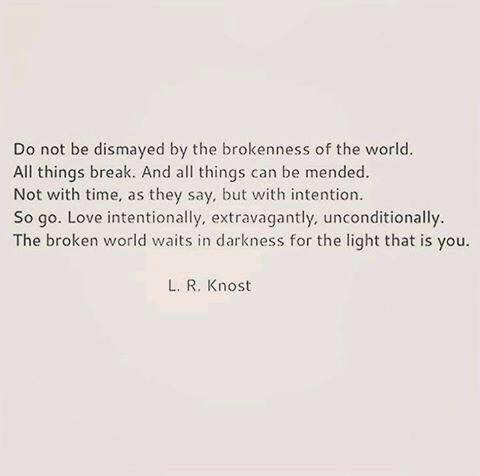 Plain light pink-gray background with centered black text: "Do not be dismayed by the brokenness of the world. All things break. And all things can be mended. Not with time, as they say, but with intention. So go. Love intentionally, extravagantly, unconditionally. The broken world waits in darkness for the light that is you." Below, the attribution: "L. R. Knost".