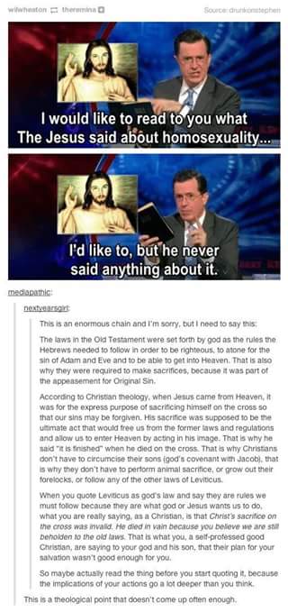 Tumblr screenshot. Top panel: a painting of Jesus beside a man in a suit pointing at it. Caption: "I would like to read to you what The Jesus said about homosexuality..." Second panel: the man holds a Bible. Caption: "I'd like to, but he never said anything about it." Below, a Tumblr reblog chain from mediapathic and nextyearsgirl follows. Its long text argues that Old Testament laws were for the Hebrews to atone…
