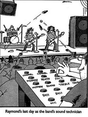 Black-and-white Far Side cartoon of a rock band on stage, the guitarists tossing a bottle and objects into the air, while a crowd in front reaches up. In the foreground a technician's hand turns a mixing board with knobs labeled Channel, Midrange, Reverb, Suck, Treble, Bass and Mic. Caption: Raymond's last day as the band's sound technician