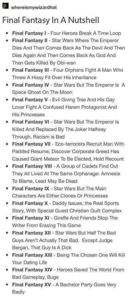 Tumblr post from whereismywizardhat titled "Final Fantasy In A Nutshell", a bulleted list. FF I: Four Heroes Break A Time Loop. FF II: Star Wars Where The Emperor Dies And Then Comes Back As The Devil And Then Dies Again And Then Comes Back As God And Then Gets Killed By Obi-wan. FF III: Four Orphans Fight A Man Who Threw A Hissy Fit Over His Inheritance. FF IV: Star Wars But The Emperor Is A Space Ghost On The…
