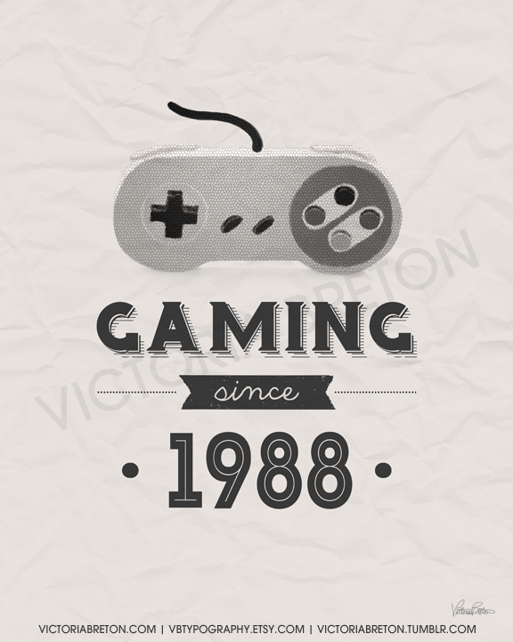 Vintage-style poster with a gray Super Nintendo controller illustration on crinkled cream paper. Text below reads "GAMING since 1988". Footer reads "VICTORIABRETON.COM | VBTYPOGRAPHY.ETSY.COM | VICTORIABRETON.TUMBLR.COM". A faint watermark reads "VICTORIABRETON".