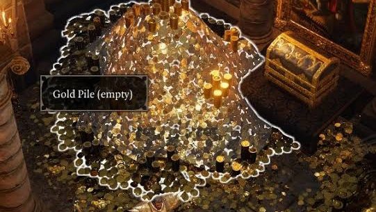 Screenshot from an isometric fantasy RPG showing a huge, glittering heap of gold coins and candles in a dungeon treasury beside an ornate treasure chest. A tooltip over the pile reads: "Gold Pile (empty)".
