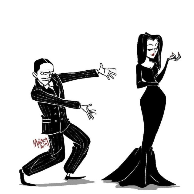 Black and white ink illustration of a man in a pinstripe suit lunging dramatically with both arms outstretched toward a tall woman in a long black mermaid-style gown. She stands with her eyes lowered and one hand raised delicately. A signature reads Mallory 2019.