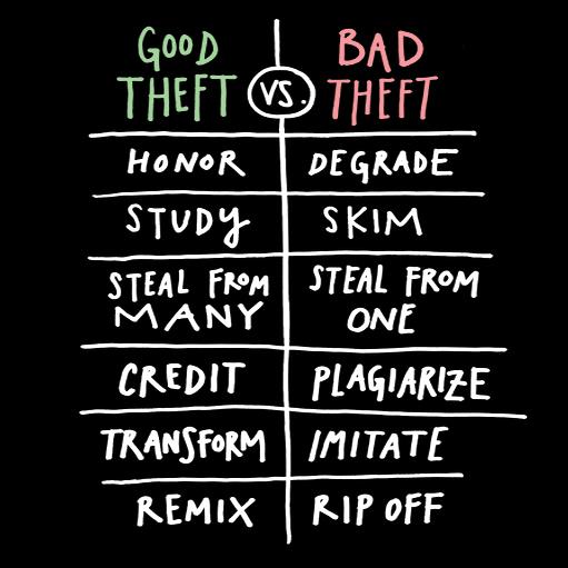 White and colored hand-lettered chart on a black background comparing two columns split by a vertical line. Left heading in green: "Good Theft". Right heading in pink: "Bad Theft". A "VS." is circled in the middle. Rows: "Honor" / "Degrade"; "Study" / "Skim"; "Steal from many" / "Steal from one"; "Credit" / "Plagiarize"; "Transform" / "Imitate"; "Remix" / "Rip off".