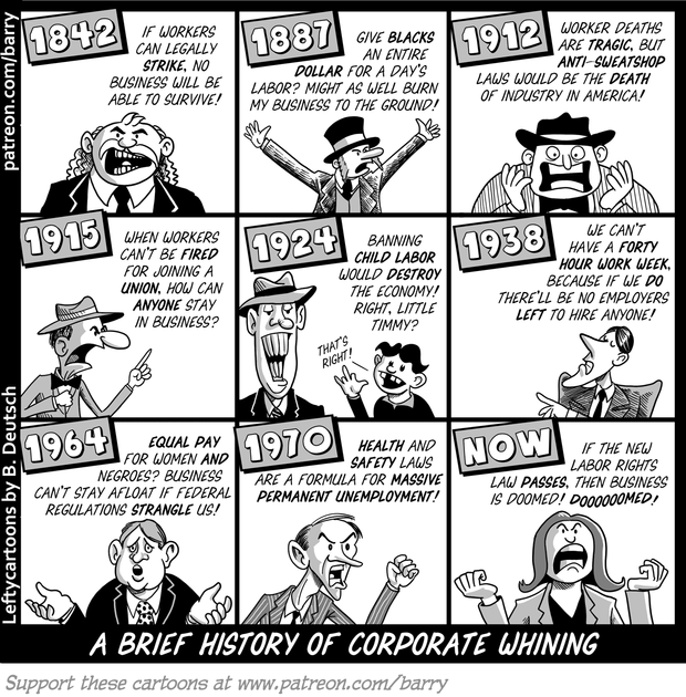 Nine-panel black-and-white cartoon titled "A Brief History of Corporate Whining," with caricatured business owners complaining. 1842: "If workers can legally STRIKE, no business will be able to survive!" 1887: "Give BLACKS an entire DOLLAR for a day's labor? Might as well burn my business to the ground!" 1912: "Worker deaths are TRAGIC, but ANTI-SWEATSHOP laws would be the DEATH of industry in America!" 1915: "When…