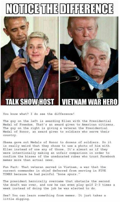 Two side-by-side photos under the heading "NOTICE THE DIFFERENCE". Left: a man in a dark suit places a blue-ribboned medal on a short-haired woman in a red jacket, captioned "TALK SHOW HOST". Right: a man places a medal on a gray-haired older man in a dark jacket, captioned "VIETNAM WAR HERO". Below, typewriter-style text reads: "You know what? I do see the difference! The guy on the left is awarding Ellen with the…