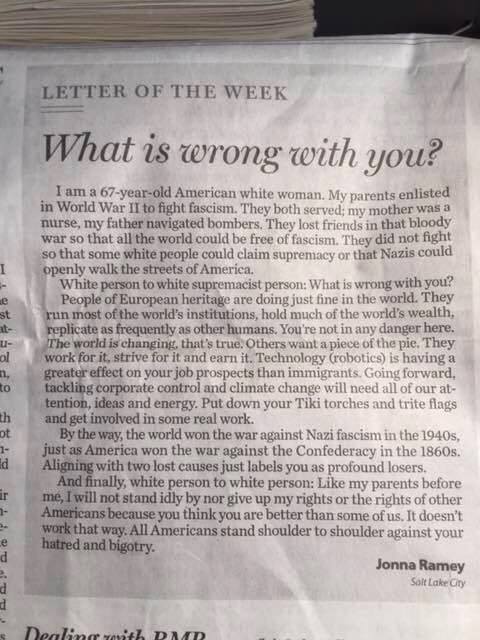 Newspaper clipping headed "Letter of the Week" with the title "What is wrong with you?" Jonna Ramey of Salt Lake City, a 67-year-old white woman, says her WWII-serving parents fought fascism, tells white supremacists to put down their Tiki torches and get involved in real work, and says all Americans stand against hatred and bigotry.