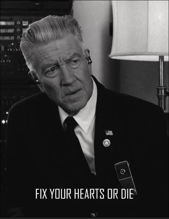 Black-and-white photo of an older man with swept-up gray hair, a dark suit, white shirt, dark tie and a small American flag pin, looking off to the side with a stern, weary expression. A lamp and audio equipment are behind him. Caption at the bottom: "FIX YOUR HEARTS OR DIE"
