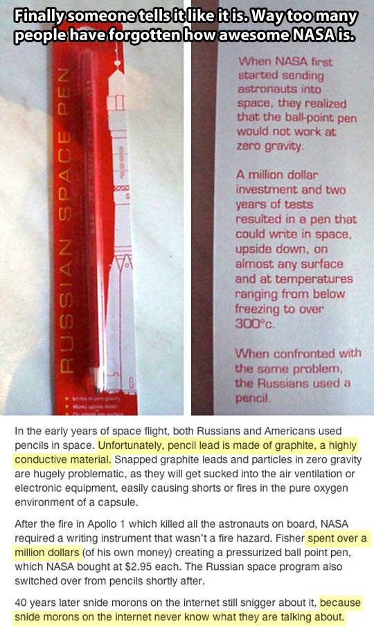 Top caption: "Finally someone tells it like it is. Way too many people have forgotten how awesome NASA is." Two photos show a red Russian Space Pen package printed with a rocket, and a joke text: "When NASA first started sending astronauts into space, they realized that the ball-point pen would not work at zero gravity. A million dollar investment and two years of tests resulted in a pen that could write in space,…