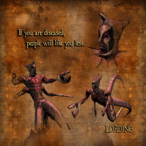 A video game loading screen on a mottled brown parchment background. Three horned, reddish creatures pose around it, one a masked head at top right. Text reads: "If you are diseased, people will like you less." and, bottom right, "LOADING".