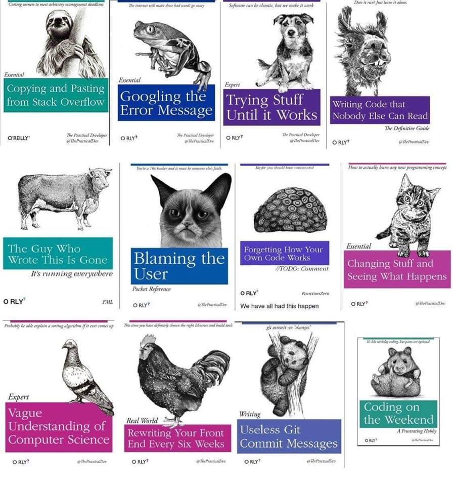 A grid of twelve parody O'Reilly book covers, each with an animal engraving and a colored title box. Titles: Copying and Pasting from Stack Overflow; Googling the Error Message; Trying Stuff Until it Works; Writing Code that Nobody Else Can Read; The Guy Who Wrote This Is Gone; Blaming the User; Forgetting How Your Own Code Works; Changing Stuff and Seeing What Happens; Vague Understanding of Computer Science;…