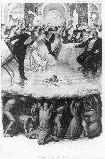 Black-and-white illustration of elegant diners in evening dress at a grand ballroom banquet, one man bowing and peering at a crack in the checkered floor. Below the floor, ragged, strained workers crouch and push upward to hold it up. Signed Balfour-Ker. Caption: "FROM THE DEPTHS". Copyright 1909 by J.A. Mitchell.