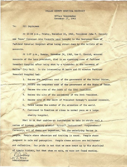 Aged, creased typewritten memo from the Dallas County Hospital District, Office Memorandum, November 27, 1963, to all employees. It recounts President Kennedy and Governor Connally arriving at Parkland Memorial Hospital on November 22, 1963, and Lee H. Oswald dying there on November 24, 1963. A seven-item list covers what the hospital did in 48 hours and 31 minutes. It closes by praising its people. Signed J.…
