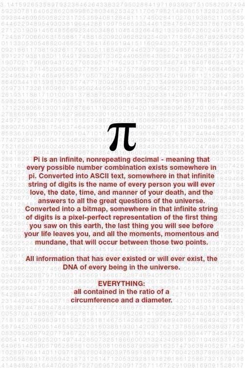 Poster with a faint background of pi's digits in gray, a large black pi symbol, and red text: "Pi is an infinite, nonrepeating decimal - meaning that every possible number combination exists somewhere in pi. Converted into ASCII text, somewhere in that infinite string of digits is the name of every person you will ever love, the date, time, and manner of your death, and the answers to all the great questions of the…