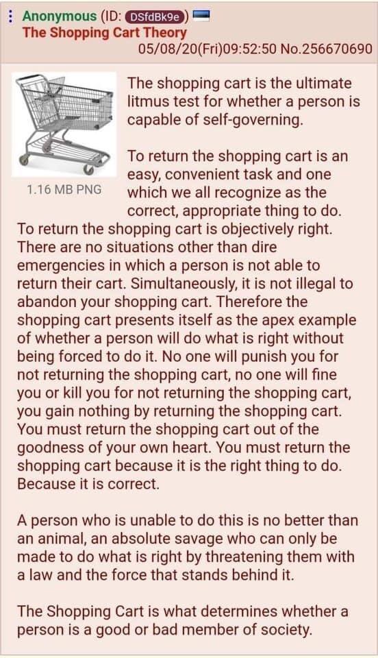 Screenshot of an anonymous imageboard post titled "The Shopping Cart Theory" by Anonymous (ID: DSfdBk9e), dated 05/08/20(Fri)09:52:50 No.256670690. A thumbnail of a metal shopping cart is labeled "1.16 MB PNG". The post argues that returning a shopping cart is the ultimate test of self-governing, since it is easy, right, unenforced and unrewarded, and that people who won't do it are savages and bad members of…