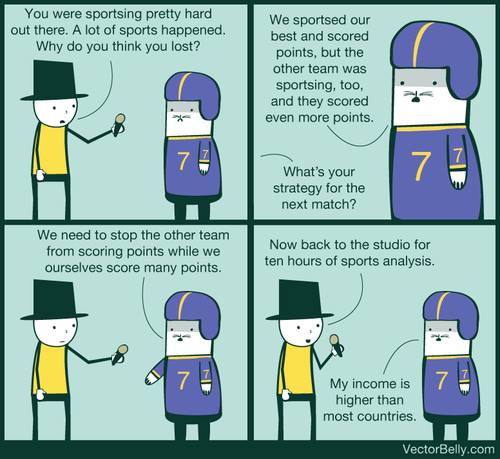 Four-panel comic by VectorBelly.com. A reporter in a black top hat and yellow shirt holds a microphone toward a football player in a purple helmet and number 7 jersey. Reporter: "You were sportsing pretty hard out there. A lot of sports happened. Why do you think you lost?" Player: "We sportsed our best and scored points, but the other team was sportsing, too, and they scored even more points." Reporter: "What's…