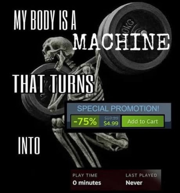 A black-and-white skeleton lifts a heavy barbell on its shoulders in a squat. Text reads "MY BODY IS A MACHINE THAT TURNS INTO". A Steam sale banner reads "SPECIAL PROMOTION! -75% $19.99 $4.99 Add to Cart". Below it: "PLAY TIME 0 minutes LAST PLAYED Never".