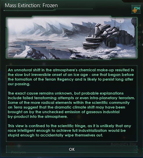 Screenshot of a Stellaris event window titled "Mass Extinction: Frozen" showing a painted icy landscape with a futuristic base. Text: "An unnatural shift in the atmosphere's chemical make-up resulted in the slow but irreversible onset of an ice age - one that began before the formation of the Terran Regency and is likely to persist long after our passing. The exact cause remains unknown, but probable explanations…