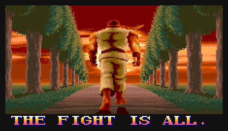 Pixel art of a muscular fighter in a white gi, seen from behind, walking down a tree-lined path toward a glowing orange sunset. Below, in pixelated pink and yellow letters: "THE FIGHT IS ALL."