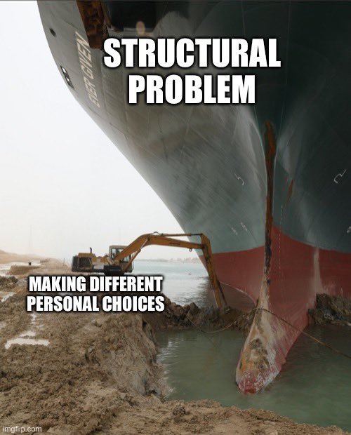 A huge container ship, with the name EVER GIVEN partly visible on its dark hull, wedged against a dirt canal bank. A small yellow excavator digs at the bank beside the bow. Text on the ship reads "STRUCTURAL PROBLEM". Text on the excavator reads "MAKING DIFFERENT PERSONAL CHOICES".