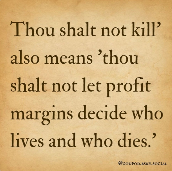 Black serif text on an aged parchment-style background reads: "Thou shalt not kill' also means 'thou shalt not let profit margins decide who lives and who dies.'" Small text in the bottom right corner reads: "@godpod.bsky.social".