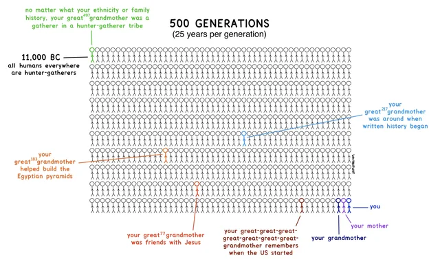 Stick figure chart titled "500 GENERATIONS (25 years per generation)": a grid of black stick figures with a few colored ones. Top-left green figure: "11,000 BC all humans everywhere are hunter-gatherers"; "no matter what your ethnicity or family history, your great^497 grandmother was a gatherer in a hunter-gatherer tribe". Other colored figures: great^217 grandmother "was around when written history began";…