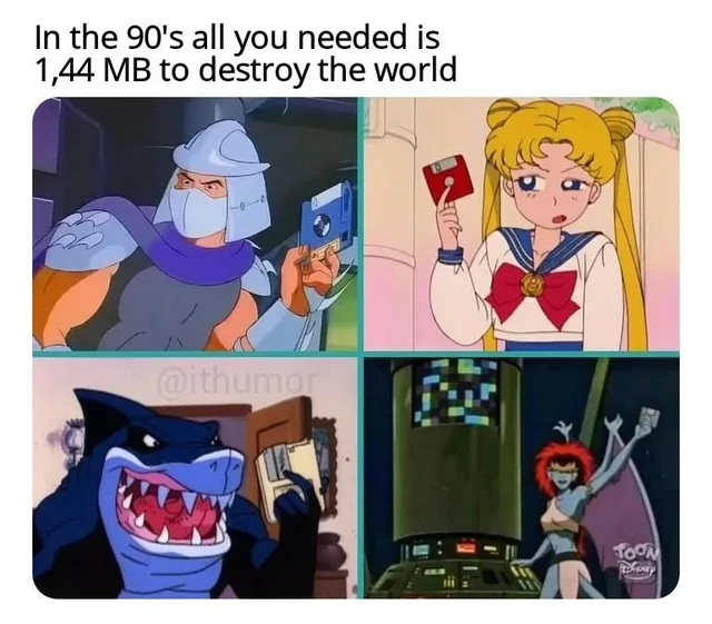 Caption at top: "In the 90's all you needed is 1,44 MB to destroy the world". Four cartoon panels each show a character holding a floppy disk: a masked armored villain in a silver helmet, a blonde anime girl with twin buns in a sailor outfit, a blue shark in a dark jacket, and a red-haired gargoyle woman. Watermark: @ithumor.