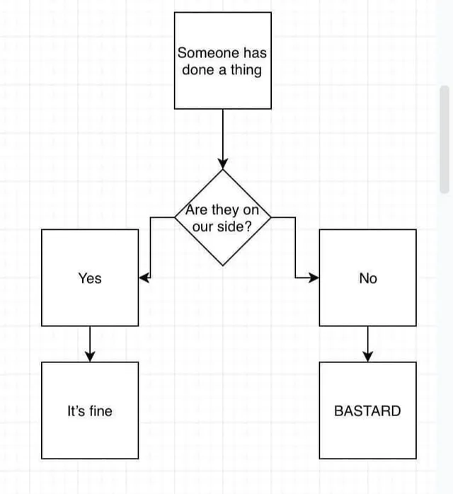 A flowchart on a faint grid. Top box: "Someone has done a thing". An arrow leads to a diamond: "Are they on our side?". Left arrow to a box "Yes", then to a box "It's fine". Right arrow to a box "No", then to a box "BASTARD".