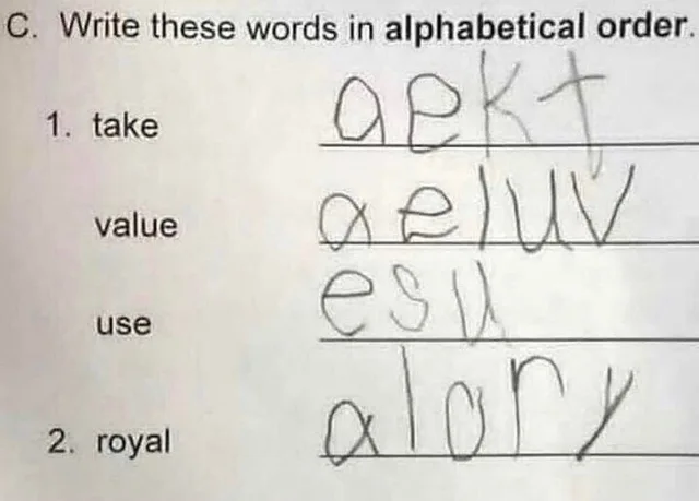 Close-up of a worksheet. Printed text: "C. Write these words in alphabetical order." Listed words: "1. take", "value", "use", "2. royal". A child's messy handwriting on the lines reads "aekt", "aeluv", "esu", and "alory", each spelling out the letters of the word.