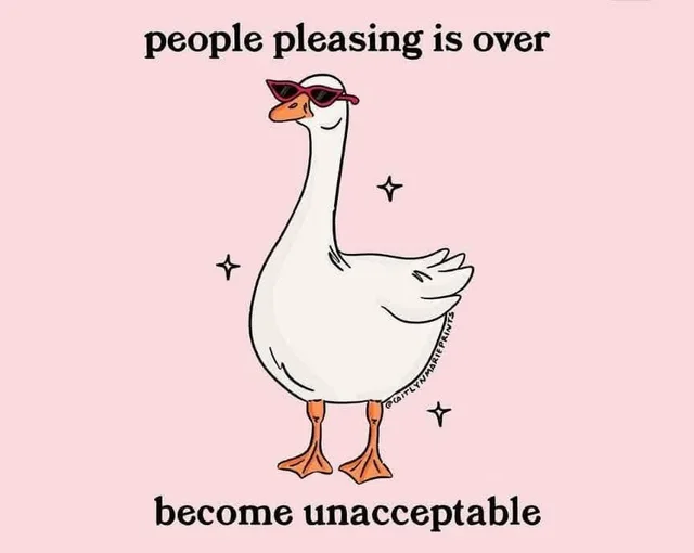Cartoon illustration of a smug white goose wearing red cat-eye sunglasses, with small sparkles around it, on a pale pink background. Text at top: "people pleasing is over". Text at bottom: "become unacceptable". A tiny signature along the goose reads "@caitlynmariepaints".