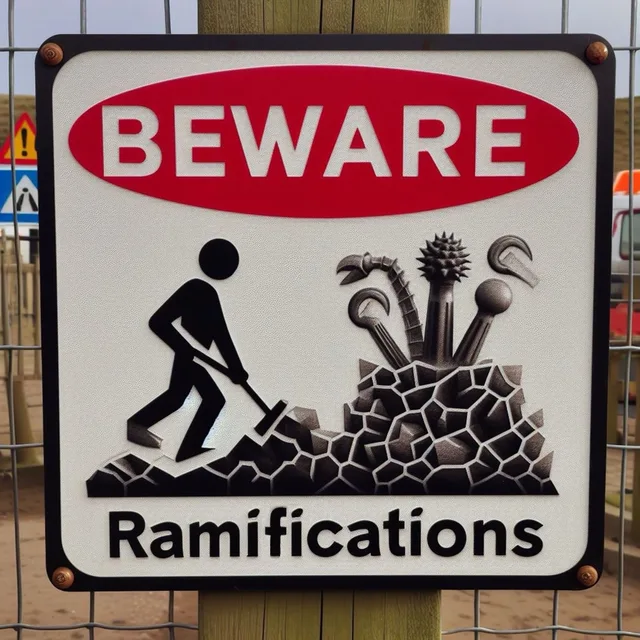 A white square warning sign with a black border, mounted on a wooden post in front of a wire fence. A red oval at the top reads "BEWARE". Below, a black stick figure digs with a shovel into a pile of cracked rubble, which hides spiky, clawed and hooked tentacle-like objects. Text at the bottom reads "Ramifications".