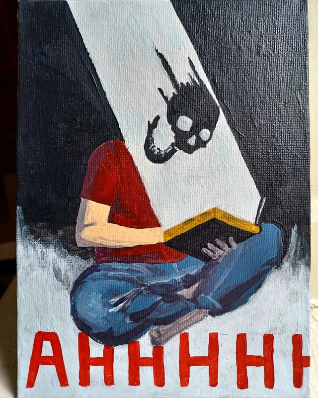 Acrylic painting of a headless-looking figure in a red shirt and blue jeans sitting cross-legged, reading a large black book with yellow edges. A pale beam of light falls from above, and a black ink-like skull creature with white eyes drops into it. Red letters at the bottom read: AHHHH