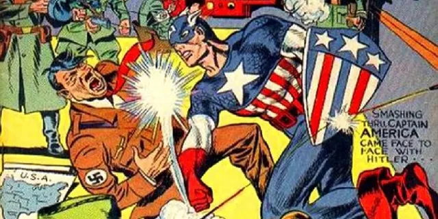 Vintage comic panel of Captain America in his blue costume and cowl, holding a striped star shield, landing a punch on a dark-haired man in a brown uniform with a swastika armband, with a bright impact burst. Caption: "SMASHING THRU... CAPTAIN AMERICA CAME FACE TO FACE WITH HITLER..." A map labeled "U.S.A." is at lower left.