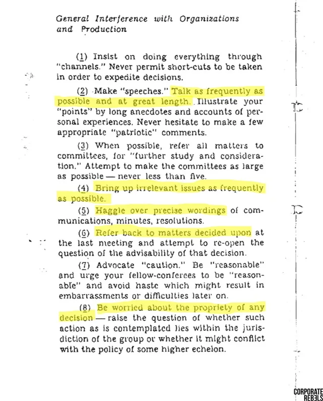 Scanned typewritten page headed "General Interference with Organizations and Production" listing sabotage tactics, with several lines highlighted in yellow. Highlighted: "Talk as frequently as possible and at great length." "Bring up irrelevant issues as frequently as possible." "Haggle over precise wordings" "Refer back to matters decided upon" "Be worried about the propriety of any decision". Logo: Corporate…