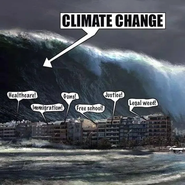 A huge dark tidal wave towers over a seaside city of apartment buildings. A white arrow from a box reading "CLIMATE CHANGE" points at the wave. Speech bubbles from the buildings say "Healthcare!", "Immigration!", "Guns!", "Free school!", "Justice!" and "Legal weed!"