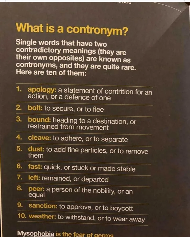 Photo of a printed page with a dark gray background. Yellow heading: "What is a contronym?" Text: "Single words that have two contradictory meanings (they are their own opposites) are known as contronyms, and they are quite rare. Here are ten of them:" List: 1. apology: a statement of contrition for an action, or a defence of one. 2. bolt: to secure, or to flee. 3. bound: heading to a destination, or restrained…