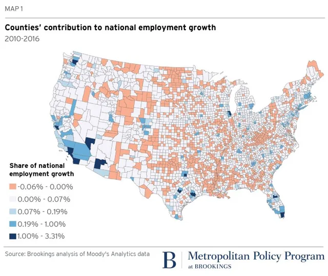 Brookings map titled "MAP 1: Counties' contribution to national employment growth, 2010-2016" showing US counties shaded by share of national employment growth. Legend: -0.06% - 0.00%, 0.00% - 0.07%, 0.07% - 0.19%, 0.19% - 1.00%, 1.00% - 3.31%. Source: Brookings analysis of Moody's Analytics data. Metropolitan Policy Program at Brookings.