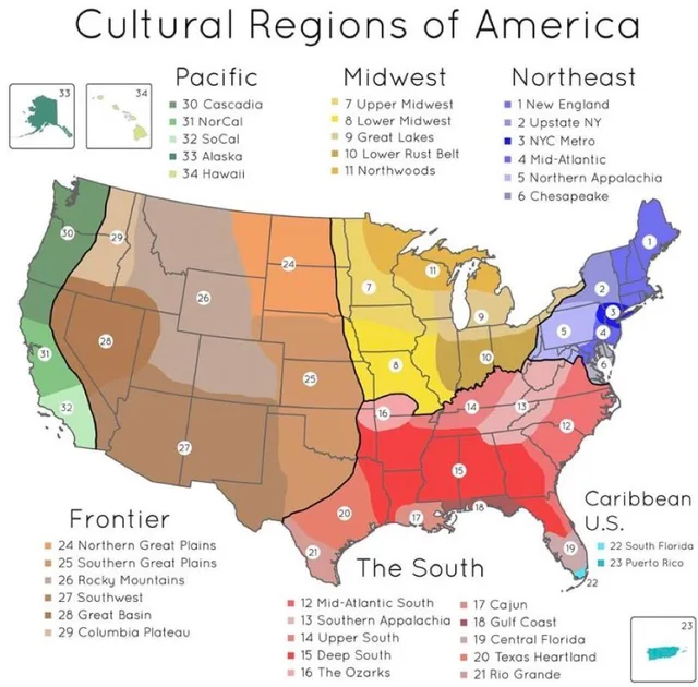 Color-coded map titled "Cultural Regions of America" dividing the U.S. into 34 numbered regions in five groups. Pacific: 30 Cascadia, 31 NorCal, 32 SoCal, 33 Alaska, 34 Hawaii. Midwest: 7 Upper Midwest, 8 Lower Midwest, 9 Great Lakes, 10 Lower Rust Belt, 11 Northwoods. Northeast: 1 New England, 2 Upstate NY, 3 NYC Metro, 4 Mid-Atlantic, 5 Northern Appalachia, 6 Chesapeake. Frontier: 24 Northern Great Plains, 25…