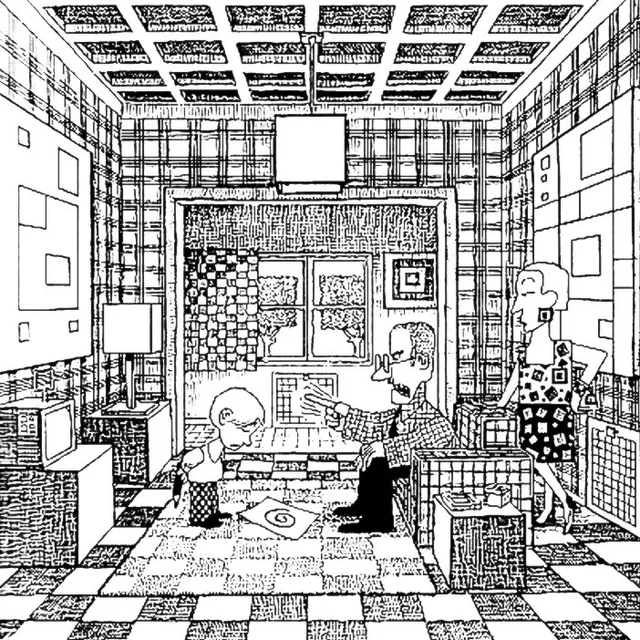 Black-and-white pen-and-ink cartoon of a living room covered in dense plaid, checkerboard and crosshatch patterns. A bespectacled man in a plaid shirt sits and points sternly at a boy who stands with his head bowed. A woman in a polka-dot skirt looks on with a hand on her hip. A crumpled paper with a spiral lies on the floor. There is no text.