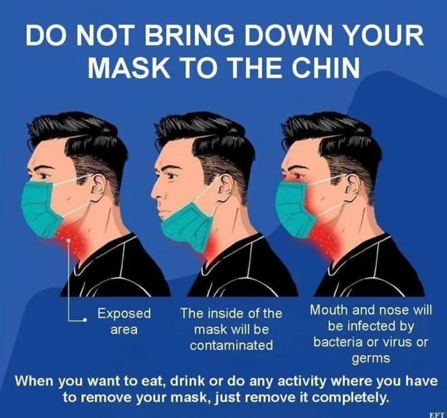Blue public health infographic headed "DO NOT BRING DOWN YOUR MASK TO THE CHIN". Three side-view illustrations of a man in a teal surgical mask: on the chin with a red neck area labeled "Exposed area"; "The inside of the mask will be contaminated"; "Mouth and nose will be infected by bacteria or virus or germs". Footer: "When you want to eat, drink or do any activity where you have to remove your mask, just remove…