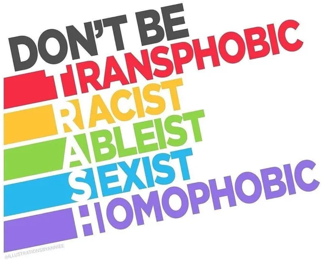 Rainbow-striped graphic with bold text reading "DON'T BE" in dark gray, then stacked words in red, yellow, green, blue and purple: "TRANSPHOBIC", "RACIST", "ABLEIST", "SEXIST", "HOMOPHOBIC". The first letters spell TRASH. Small credit: "@ILLUSTRATIONSBYANNIEE".