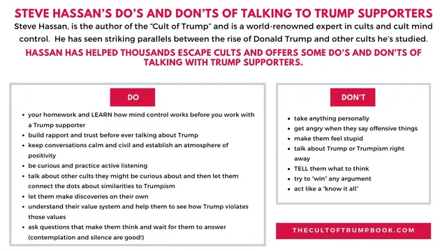 Infographic titled "STEVE HASSAN'S DO'S AND DON'TS OF TALKING TO TRUMP SUPPORTERS". Intro: Steve Hassan is the author of the "Cult of Trump" and a world-renowned expert in cults and cult mind control. He has seen striking parallels between the rise of Donald Trump and other cults he's studied. Red text: "HASSAN HAS HELPED THOUSANDS ESCAPE CULTS AND OFFERS SOME DO'S AND DON'TS OF TALKING WITH TRUMP SUPPORTERS." DO…