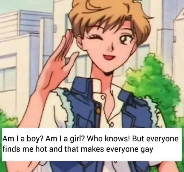 Anime character with short blond hair winks and salutes, wearing a blue vest over a white shirt. Caption: "Am I a boy? Am I a girl? Who knows! But everyone finds me hot and that makes everyone gay"