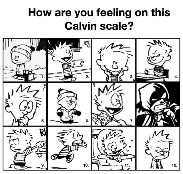 A 3-by-4 grid of twelve black-and-white Calvin and Hobbes panels of Calvin, numbered 1 to 12, under the heading "How are you feeling on this Calvin scale?" Calvin goes from calm in a winter hat (1), to grinning, wide-eyed, plotting, sulking, caped and snarling, and running in panic, to a furious scowl (12).