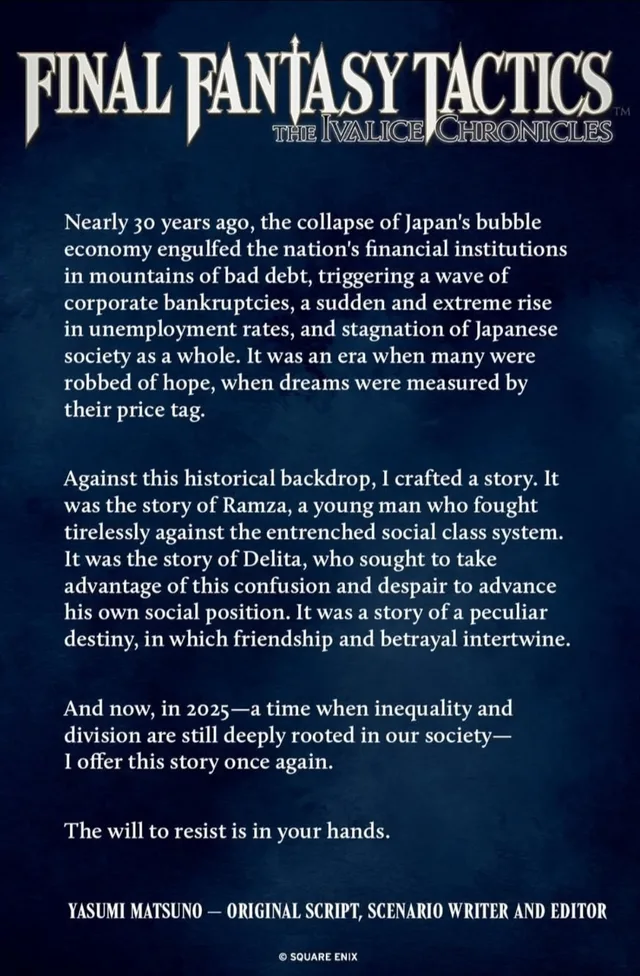 Dark blue textured background with the Final Fantasy Tactics: The Ivalice Chronicles logo. Text: "Nearly 30 years ago, the collapse of Japan's bubble economy engulfed the nation's financial institutions in mountains of bad debt, triggering a wave of corporate bankruptcies, a sudden and extreme rise in unemployment rates, and stagnation of Japanese society as a whole. It was an era when many were robbed of hope,…