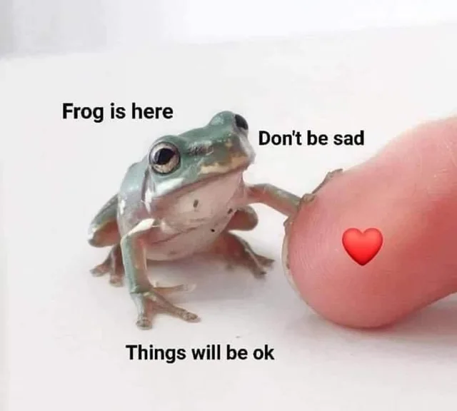 A small green tree frog rests one front foot on a giant human fingertip that has a red heart emoji on it. Text reads: "Frog is here", "Don't be sad", and "Things will be ok".