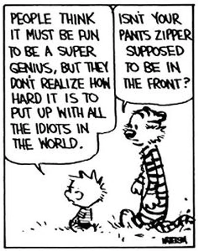 Black-and-white Calvin and Hobbes comic panel. Calvin, a spiky-haired boy, walks beside Hobbes, a tall striped tiger. Calvin says: "People think it must be fun to be a super genius, but they don't realize how hard it is to put up with all the idiots in the world." Hobbes replies: "Isn't your pants zipper supposed to be in the front?"