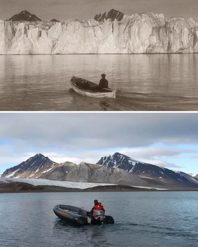 Two stacked photos of the same fjord. Top: a sepia photo of a man in a small rowboat in front of a massive, towering glacier wall. Bottom: a color photo of a person in a red jacket in a gray inflatable boat marked GREENPEACE, with bare mountains and only a thin strip of ice behind.