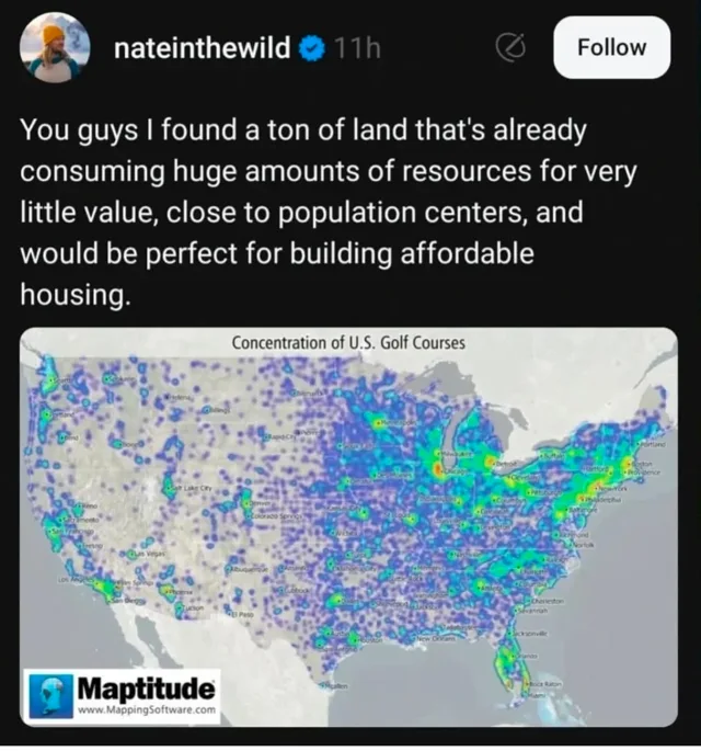 Social media post by nateinthewild, posted 11h ago, with a Follow button. Text: "You guys I found a ton of land that's already consuming huge amounts of resources for very little value, close to population centers, and would be perfect for building affordable housing." Below is a heat map titled "Concentration of U.S. Golf Courses" with a Maptitude logo and www.MappingSoftware.com.